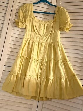 Mine Hill House Dupe Yellow Tiered Puff-Sleeve Dress